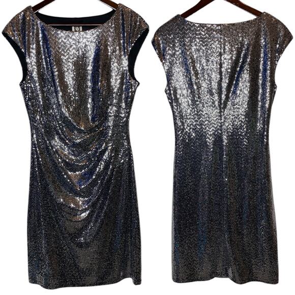 Anne Klein Sequin Ruched Sheath Dress Silver Cap Sleeve size 10 - Picture 2 of 7